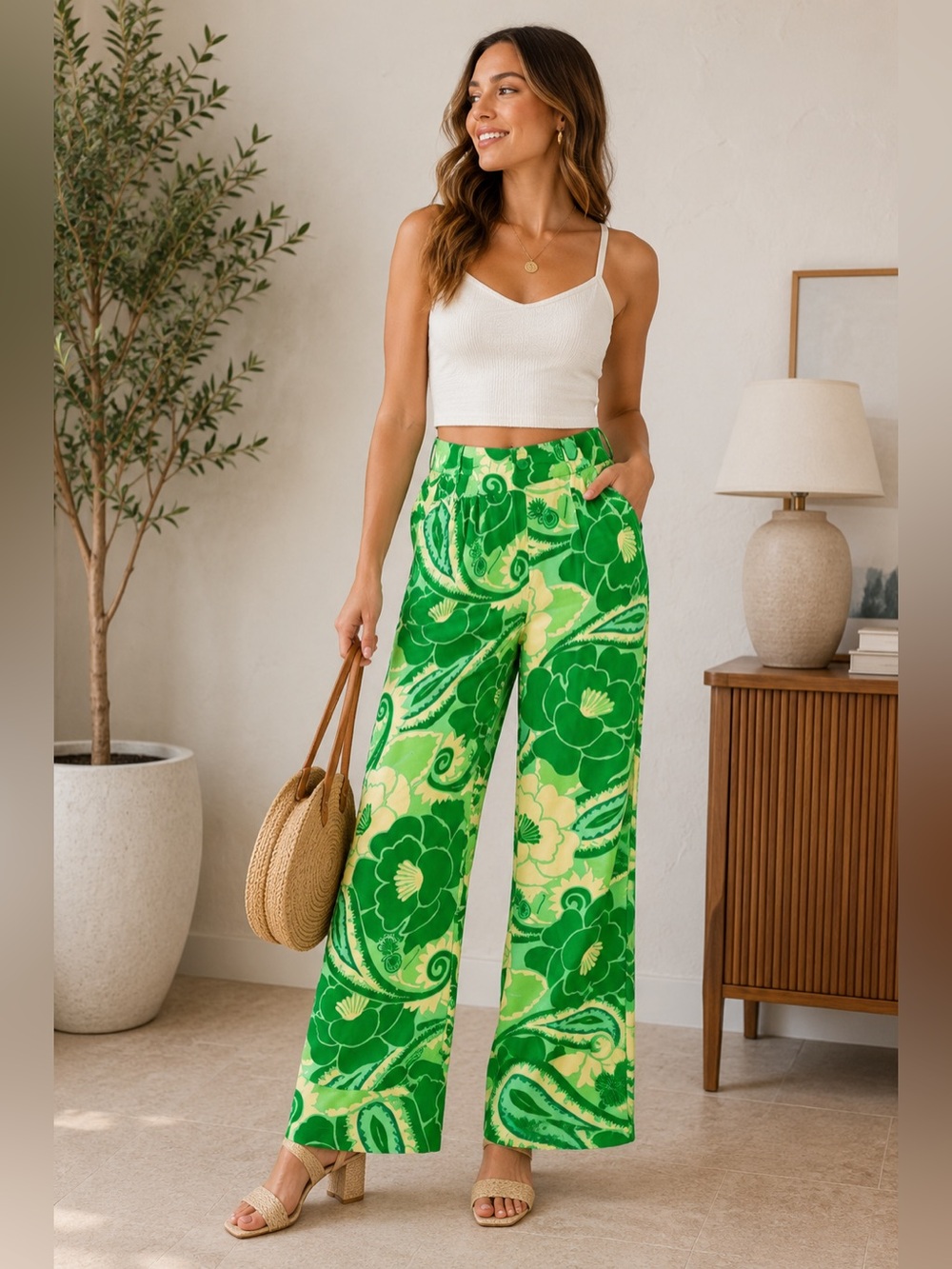 Farm Rio Tropical Groove Green Yellow Floral Bold Wide Leg Flowy Resort Pants